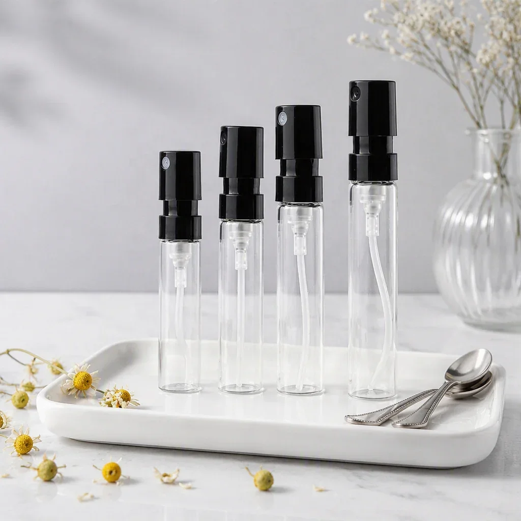 1 / 1.5 / 2 / 2.5 ml Clear sample spray vial with black pump
