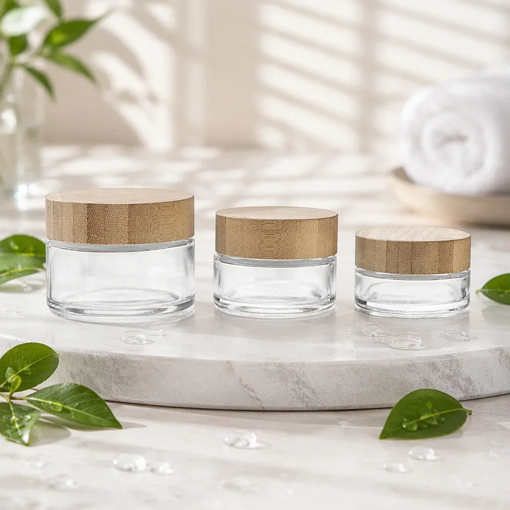 30 / 50 / 100 ml Clear cosmetic jar with wood-look lid