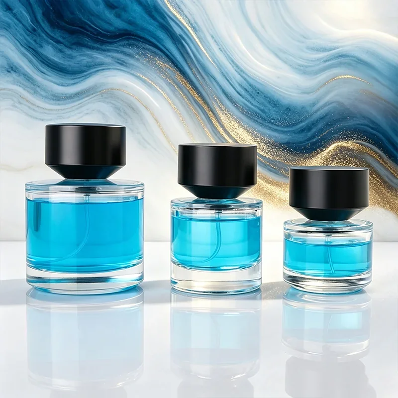 30 / 50 / 100 ml Round perfume bottle with flared black cap