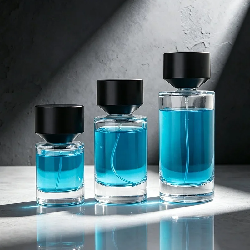 30 / 50 / 100 ml Cylindrical perfume bottle with black cap