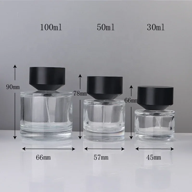 30 / 50 / 100 ml Cylindrical perfume bottle with black cap