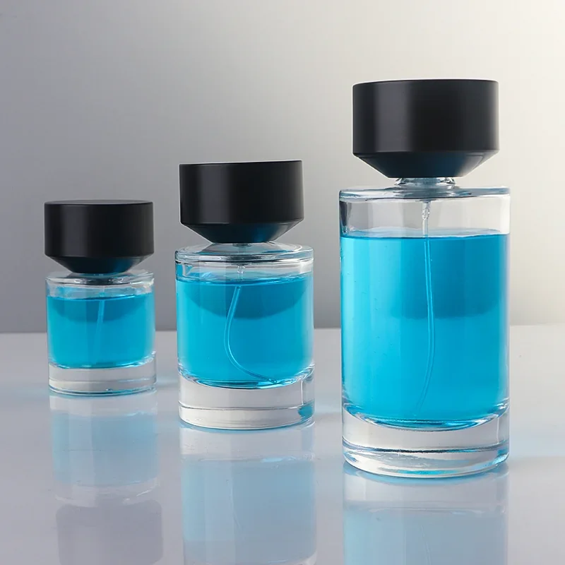 30 / 50 / 100 ml Round perfume bottle with flared black cap