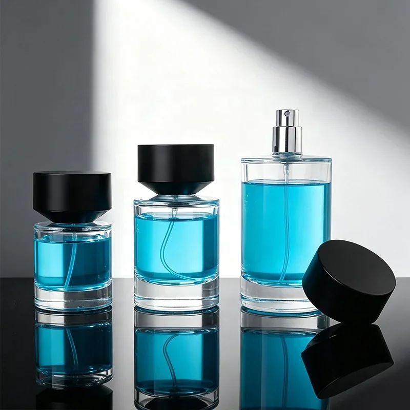 30 / 50 / 100 ml Round perfume bottle with flared black cap