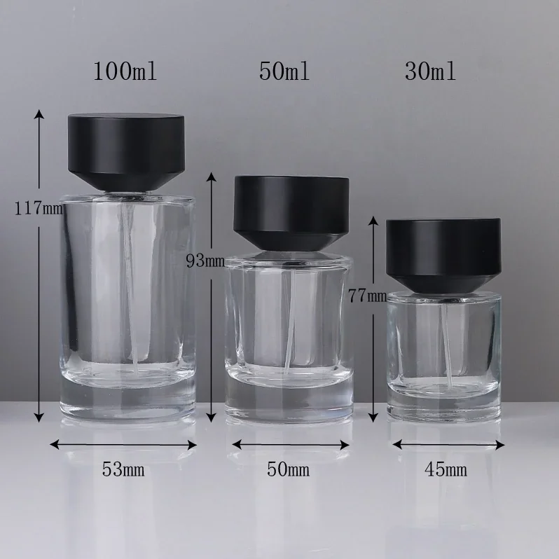 30 / 50 / 100 ml Cylindrical perfume bottle with black cap