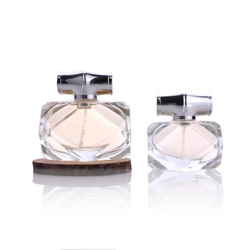 30 / 80 ml Flattened faceted perfume bottle with cylindrical cap