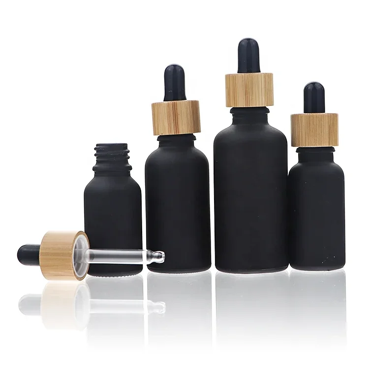 5 / 10 / 15 / 20 / 30 / 50 / 100 ml Dark dropper bottle with wood-look collar