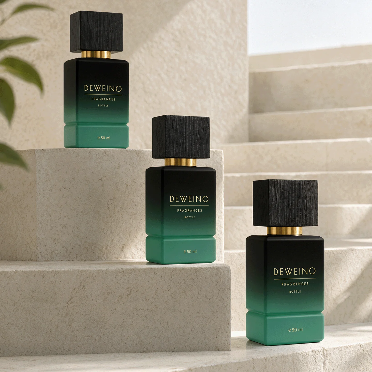30 / 50 / 100 ml Flacon de parfum carré en verre vert-noir dégradé avec bouchon texturé
