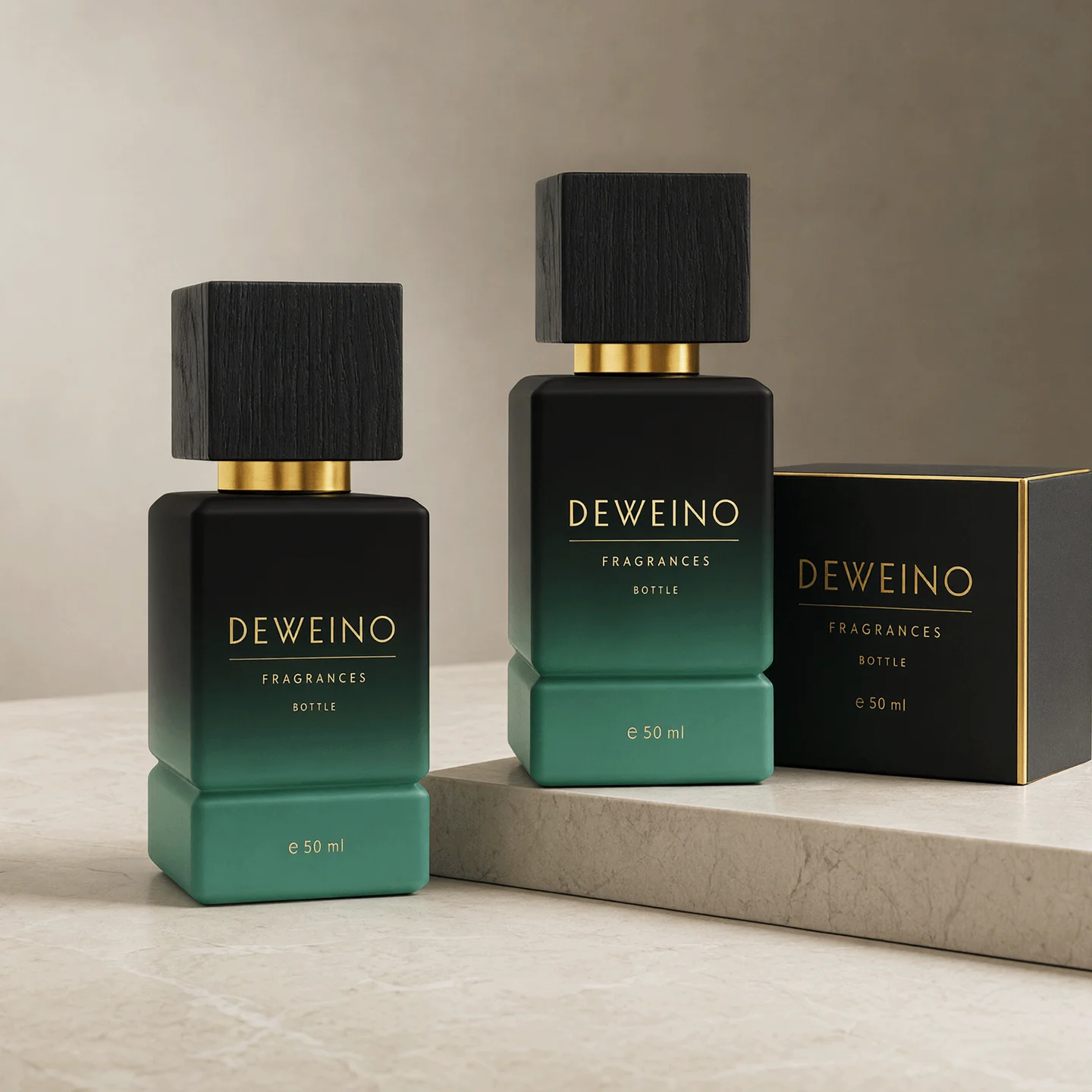 30 / 50 / 100 ml Flacon de parfum carré en verre vert-noir dégradé avec bouchon texturé