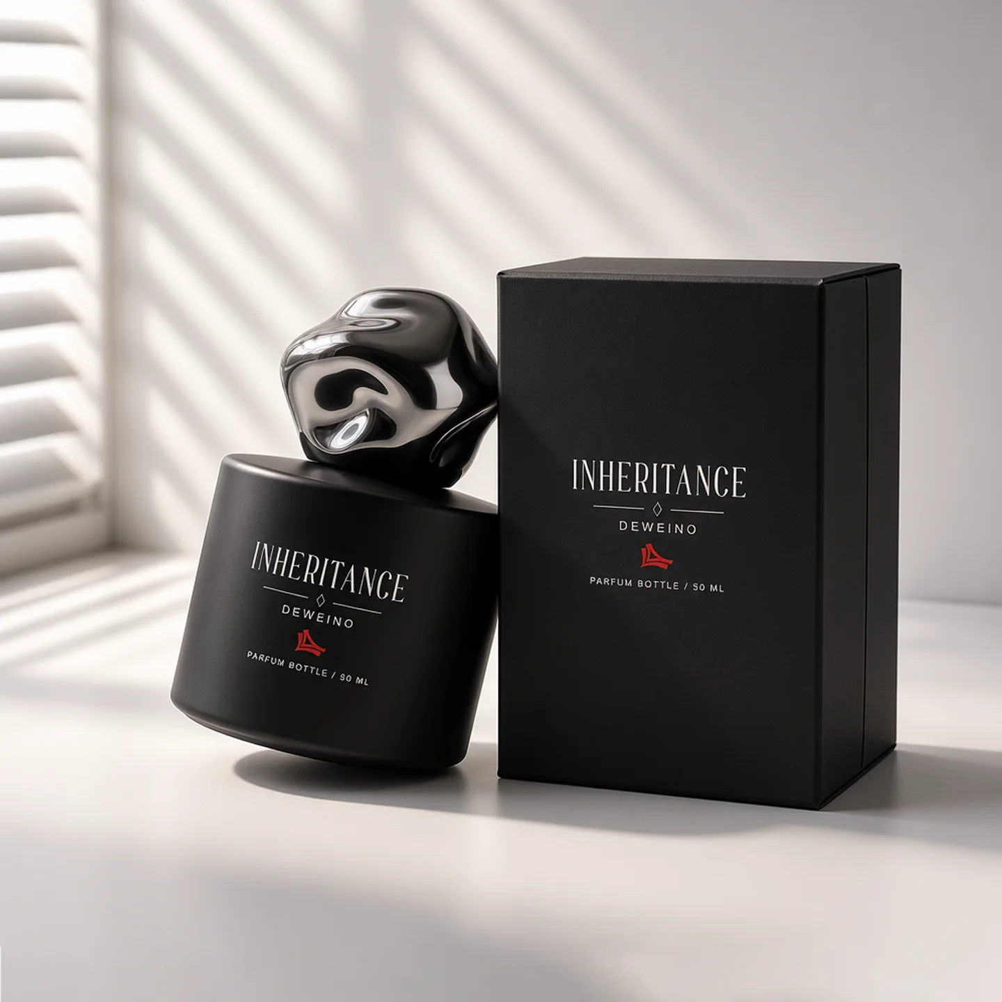 30 / 50 / 100 ml Black round glass perfume bottle with distinctive sculptural cap
