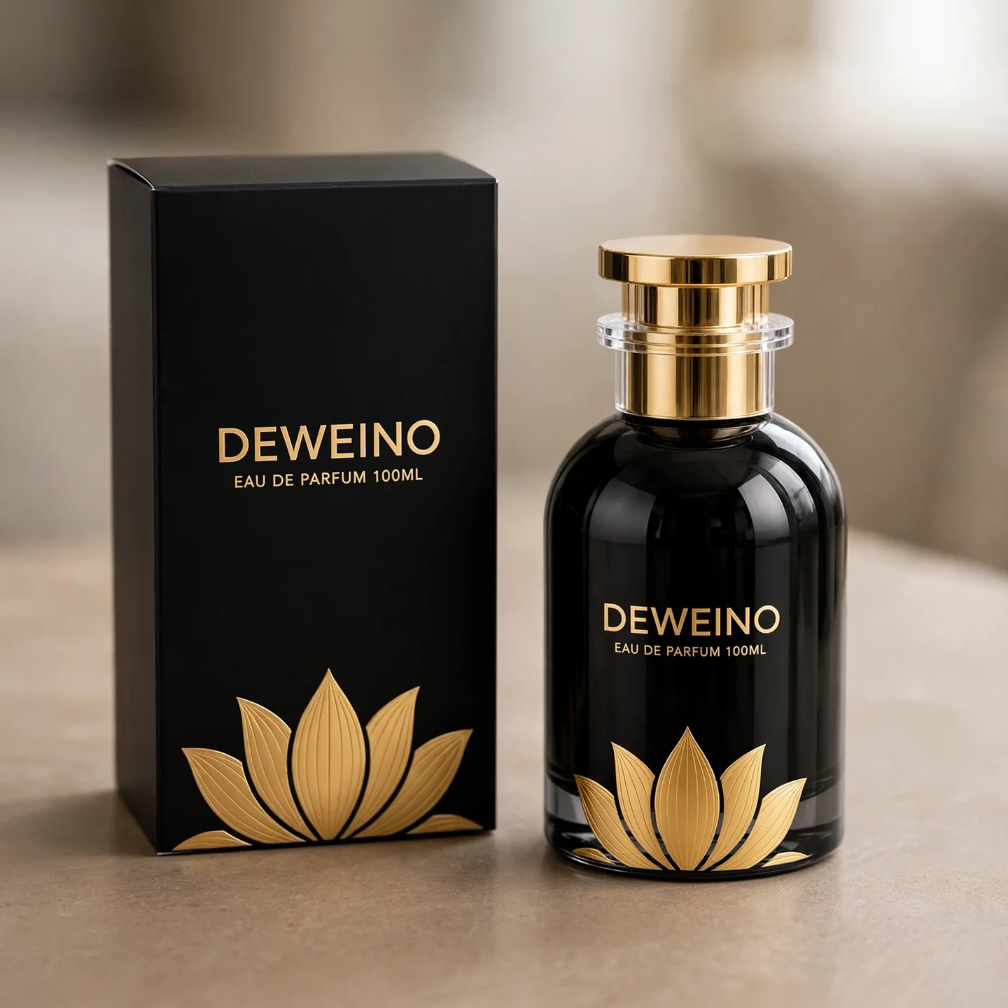 30 / 50 / 100 ml Black round glass perfume bottle with gold-tone neck detail