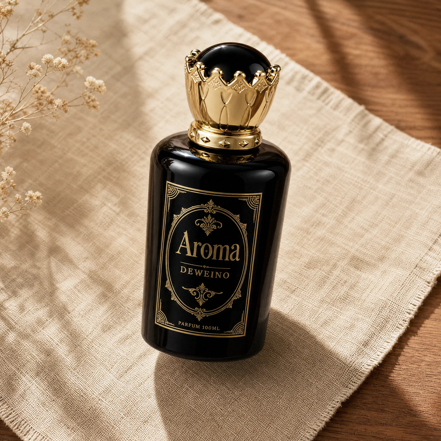 30 / 50 / 100 ml Black square glass perfume bottle with decorative gold-tone cap