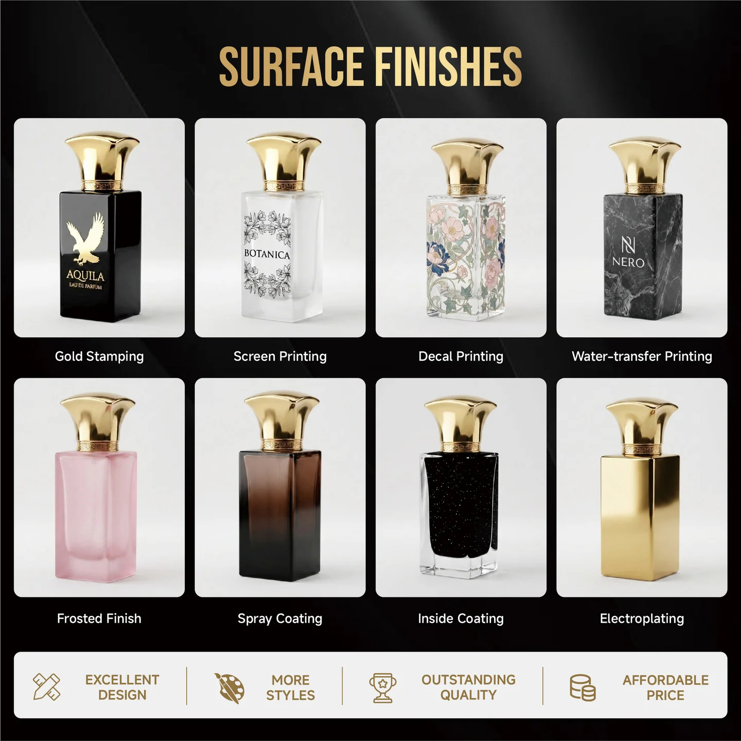 30 / 50 / 100 ml Green square glass perfume bottle with ornate gold-tone cap