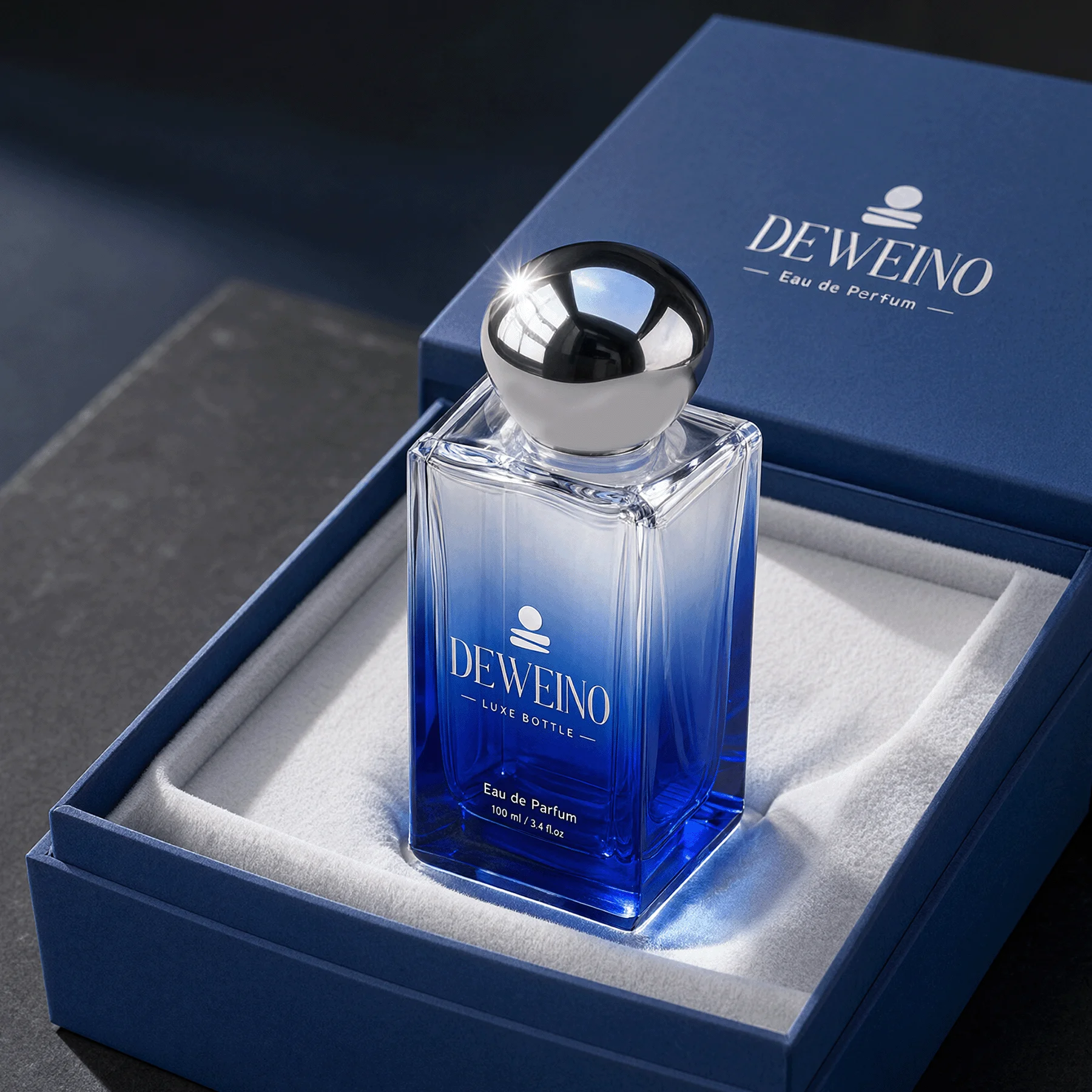 30 / 50 / 100 ml Blue square glass perfume bottle with spherical cap
