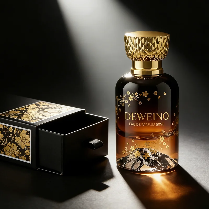50 ml Brown round glass perfume spray bottle with gold-tone cap