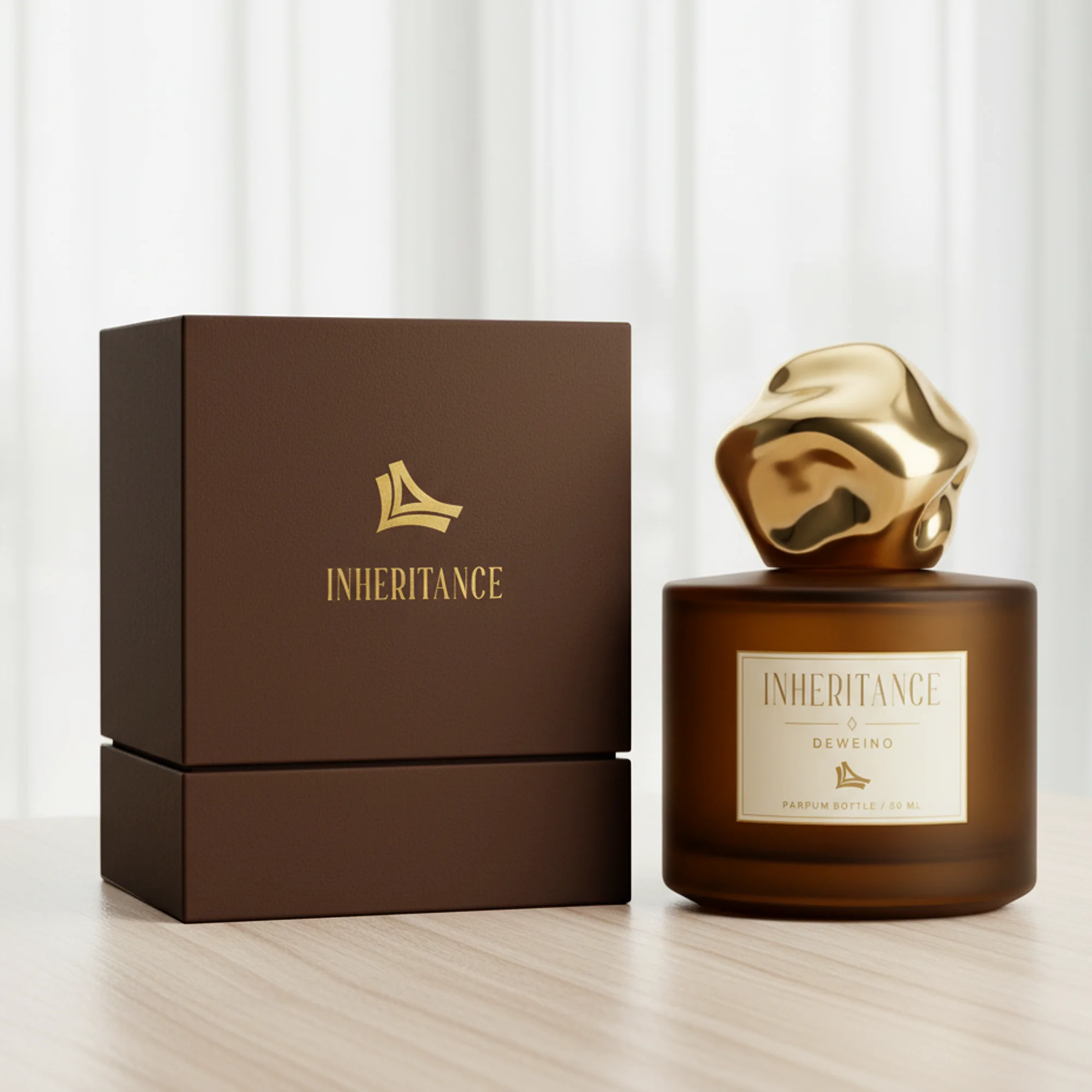 30 / 50 / 100 ml Brown round glass perfume spray bottle with sculpted gold-tone cap