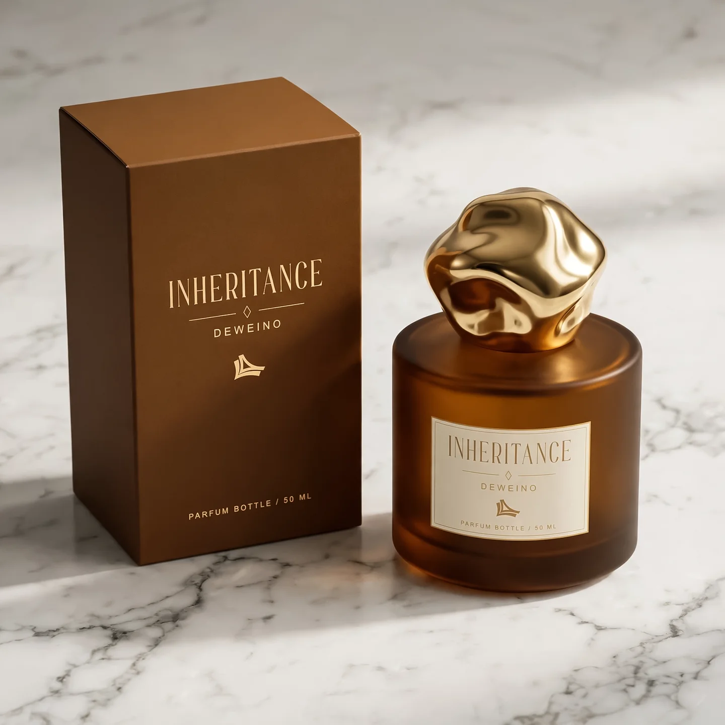 30 / 50 / 100 ml Brown round glass perfume spray bottle with sculpted gold-tone cap