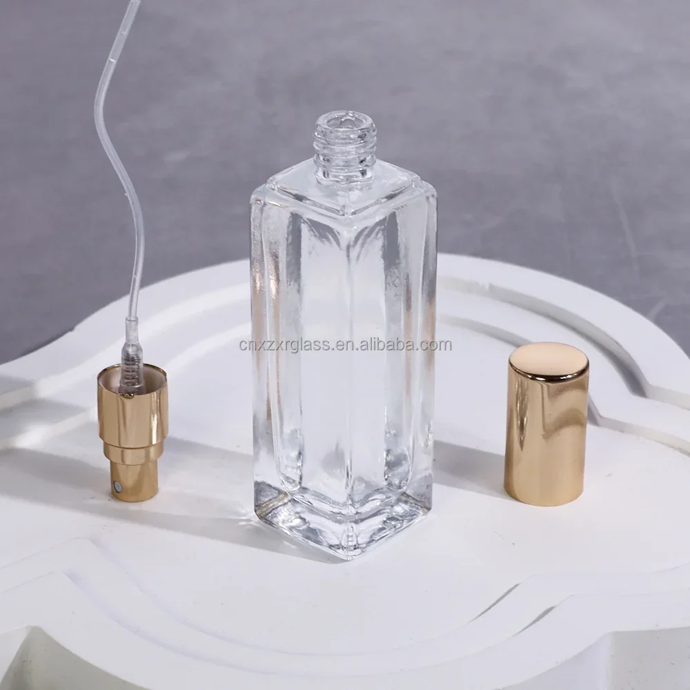 4 / 5 / 10 / 15 / 20 / 30 ml Slim rectangular perfume spray bottle with gold-look cap