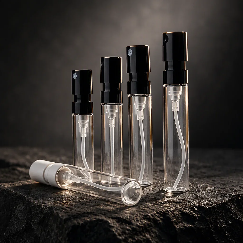 1 / 1.5 / 2 / 2.5 ml Clear sample spray vial with black pump