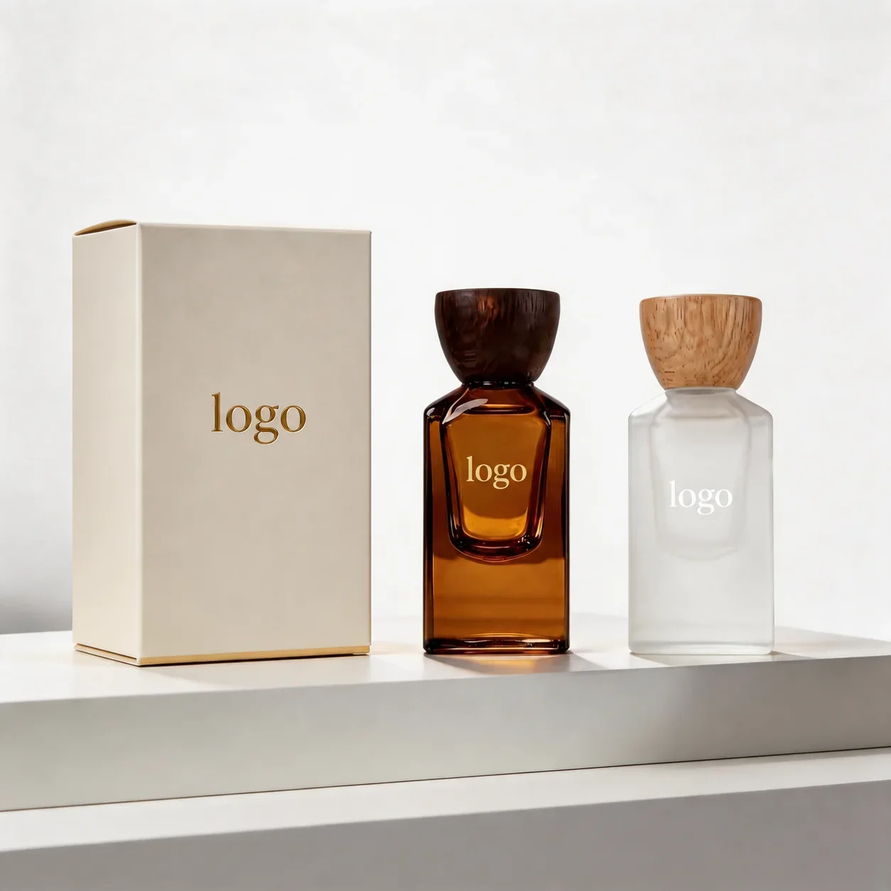 30 / 50 / 100 ml Perfume bottle with wood-look cup cap and tube box