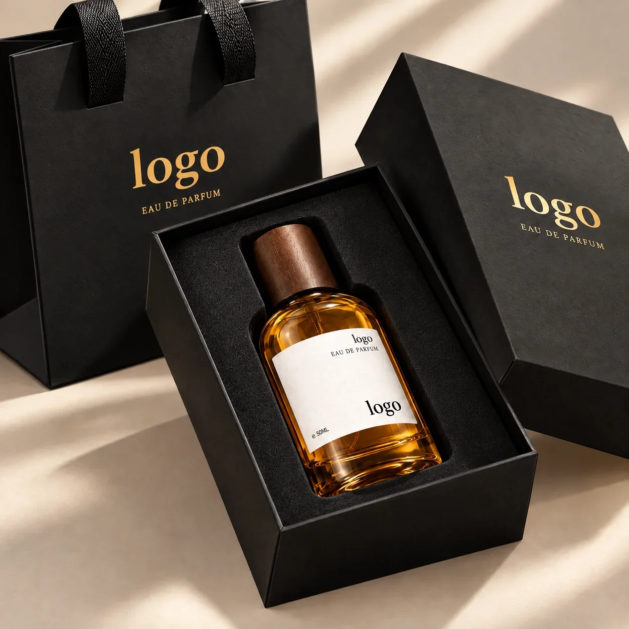 30 / 50 / 100 ml Amber-look perfume bottle with wood-look cap and box