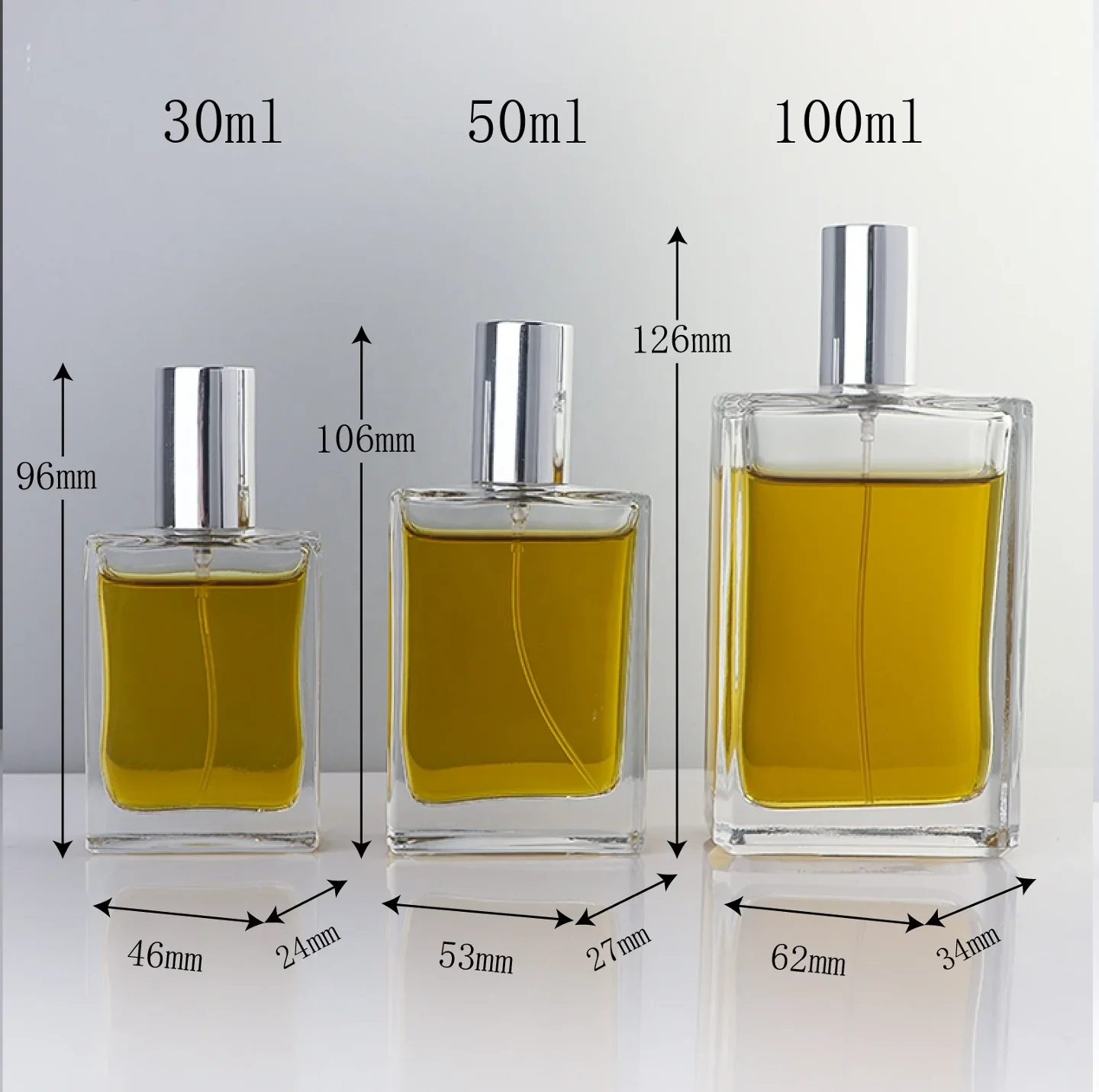 30 / 50 / 100 ml Rectangular perfume bottle with tall cylindrical cap