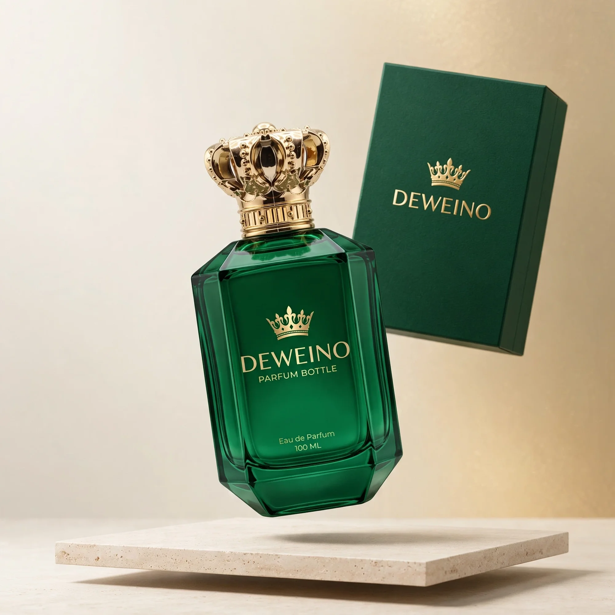 30 / 50 / 100 ml Green square glass perfume bottle with ornate gold-tone cap