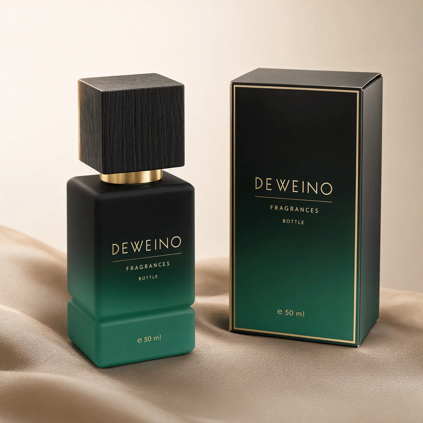 50 / 100 ml Green square glass perfume bottle with wood-look cap