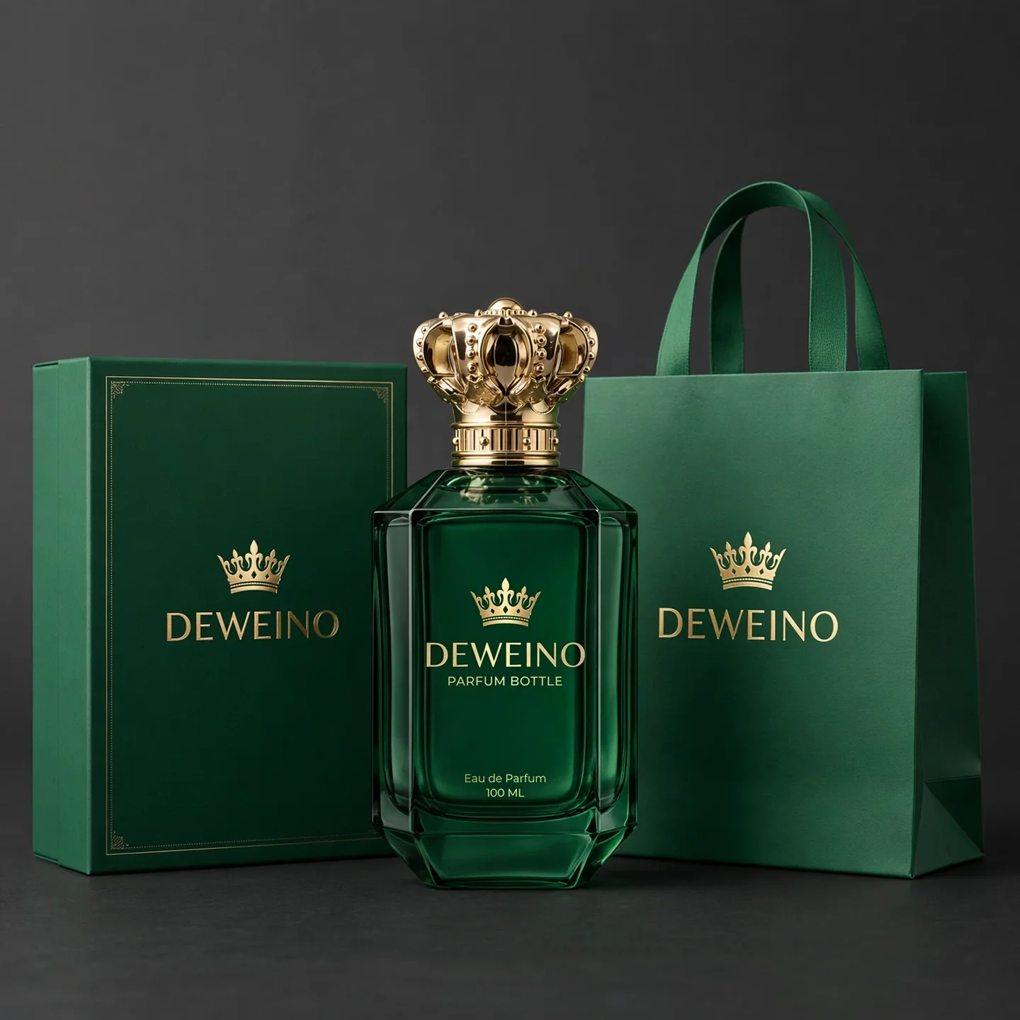 30 / 50 / 100 ml Green square glass perfume spray bottle with crown cap