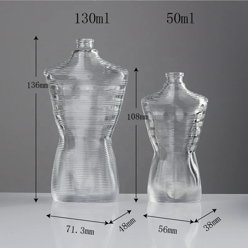 50 / 130 ml Waisted perfume bottle with horizontal ribs and ring cap