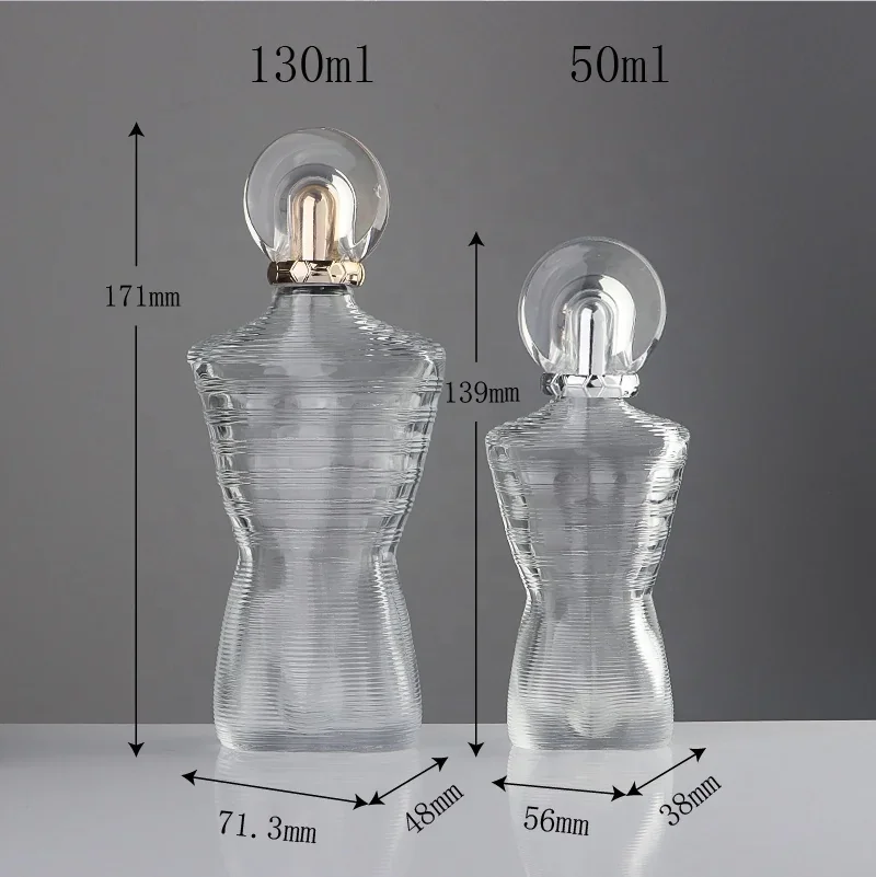 50 / 130 ml Waisted perfume bottle with horizontal ribs and ring cap
