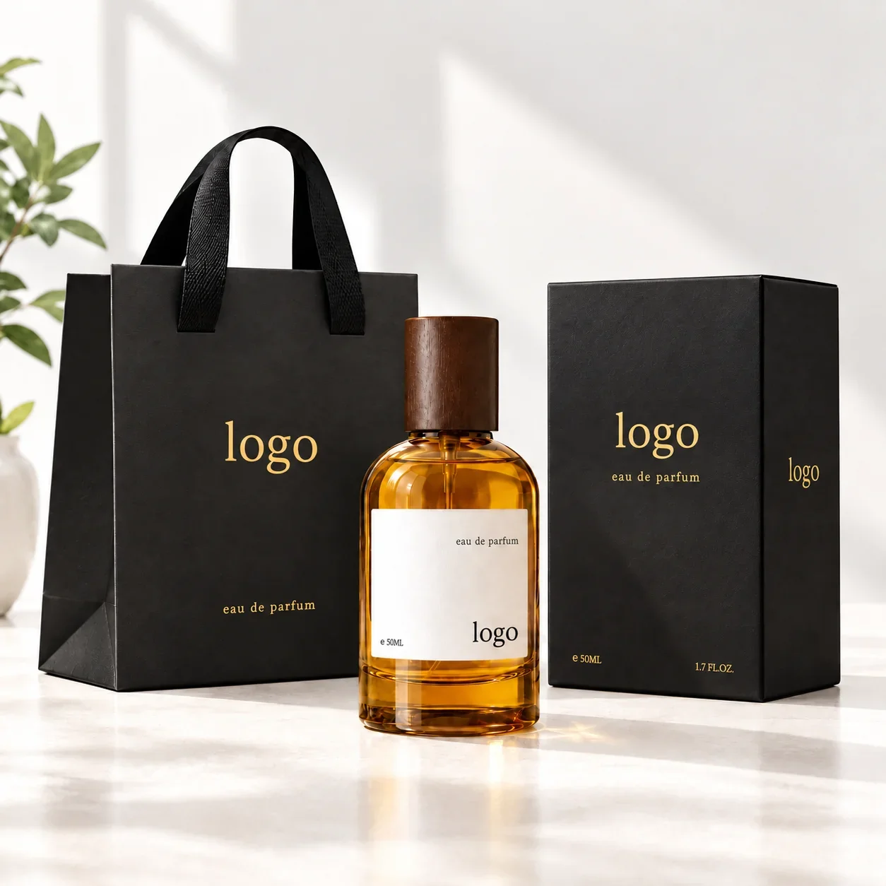 30 / 50 / 100 ml Amber-look perfume bottle with wood-look cap and box