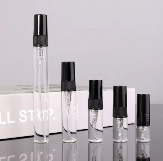 1 / 2 / 3 / 5 / 10 ml Slim clear spray bottle with black cap