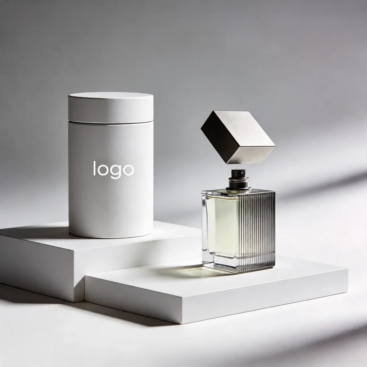 50 / 100 ml Ribbed rectangular perfume bottle with angled cube cap