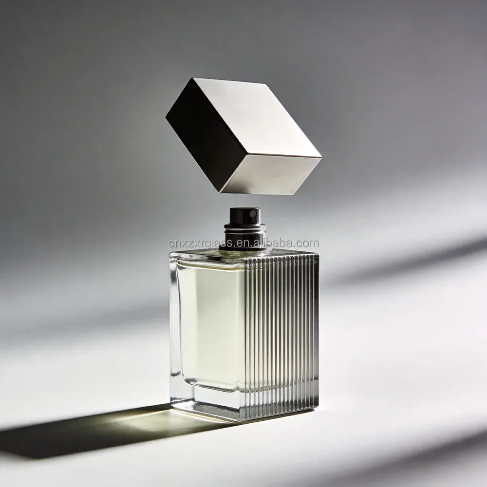 50 / 100 ml Ribbed rectangular perfume bottle with angled cube cap