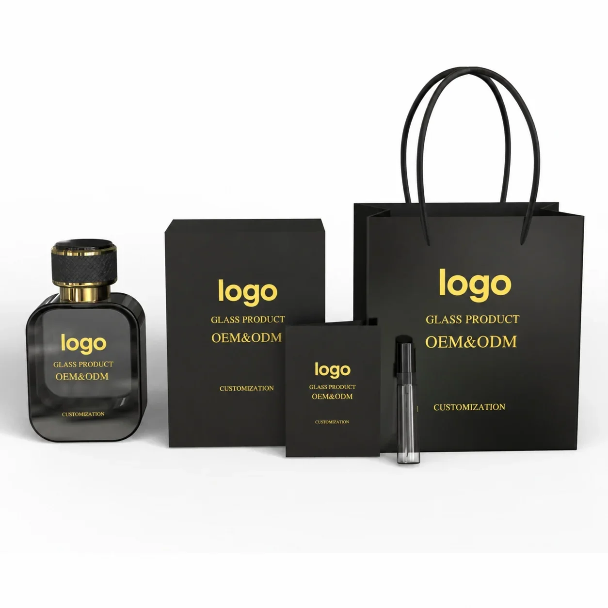 30 / 50 / 100 ml Rounded rectangular perfume bottle with dark and gold-look finishes
