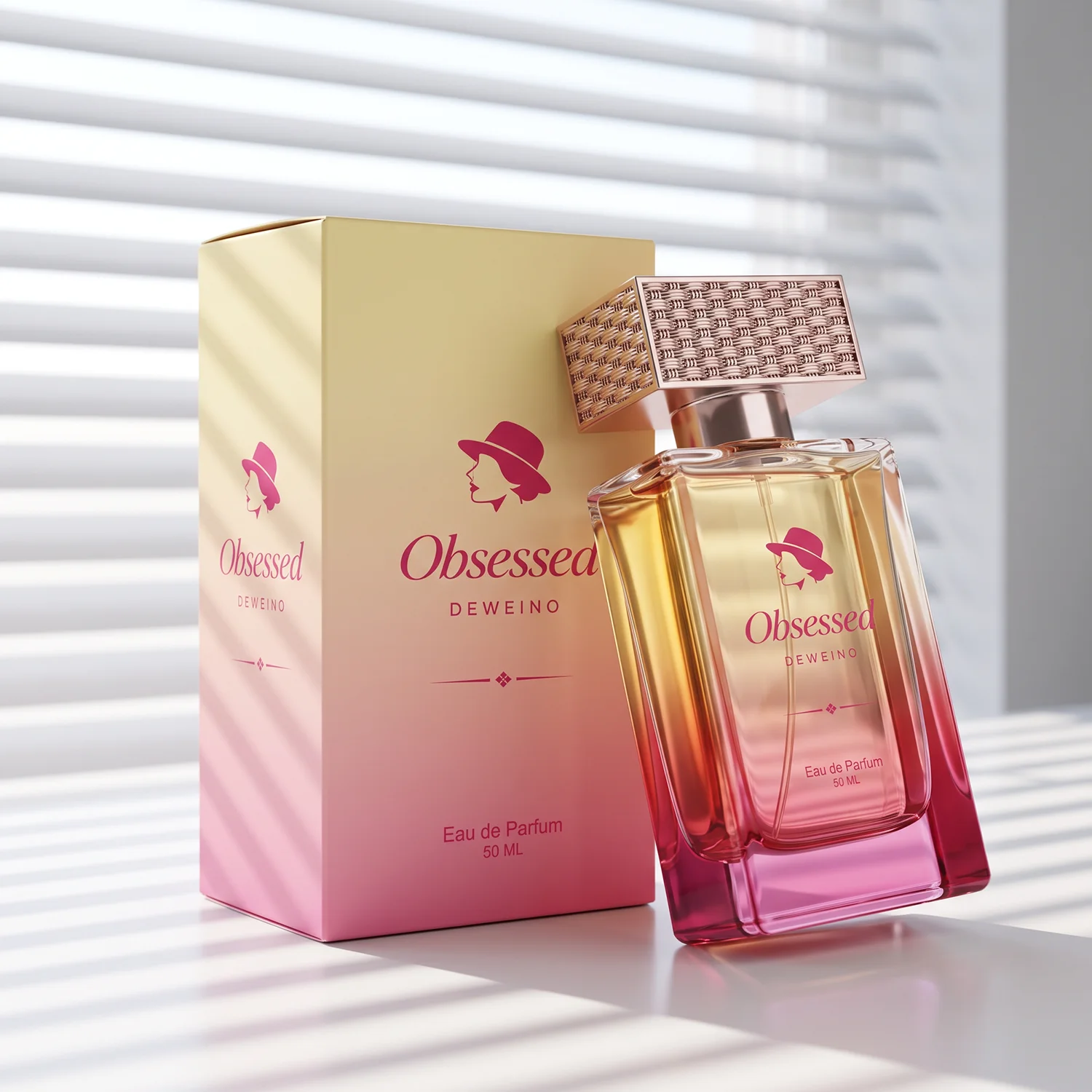 50 ml Pink square glass perfume spray bottle with patterned cap