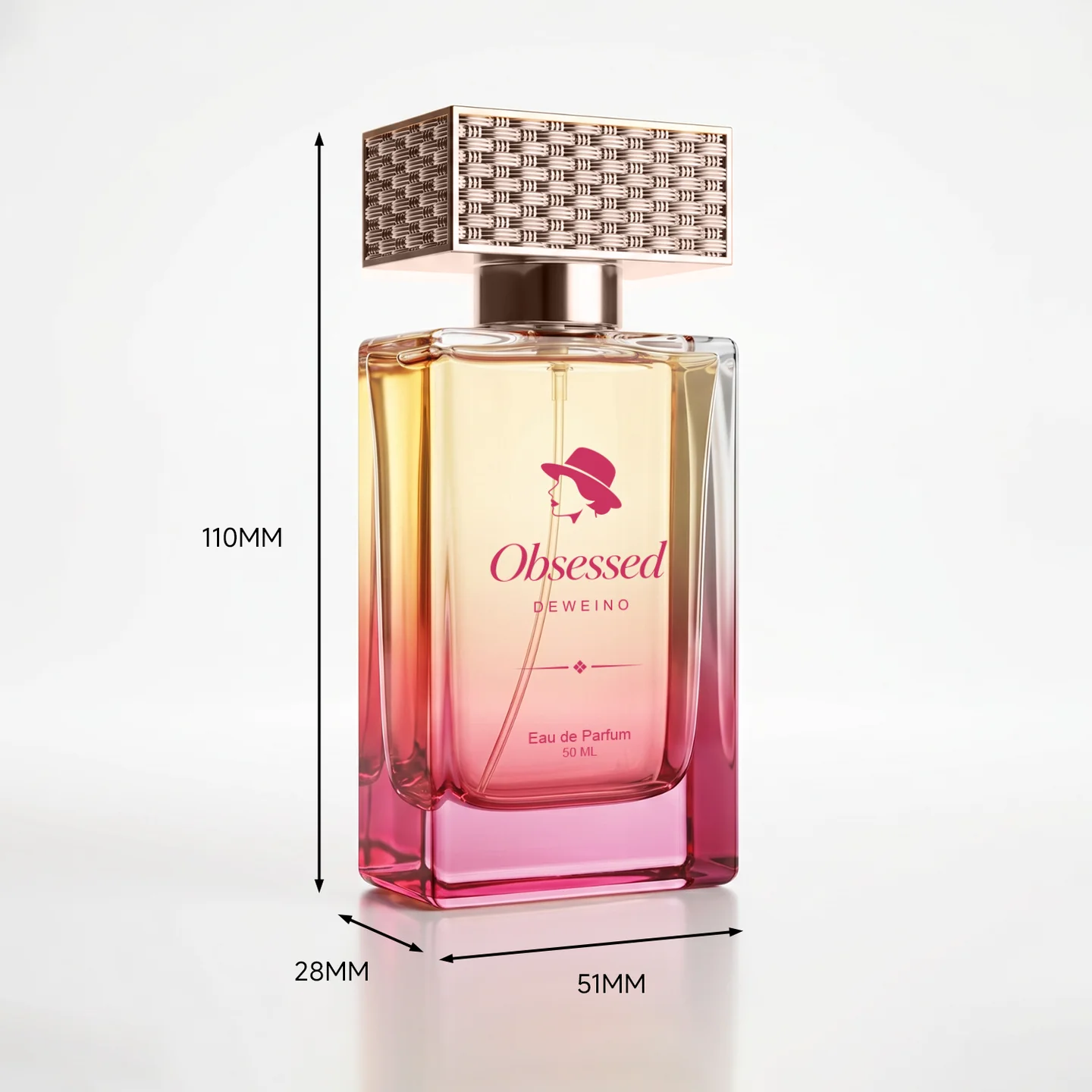 50 ml Pink square glass perfume spray bottle with patterned cap