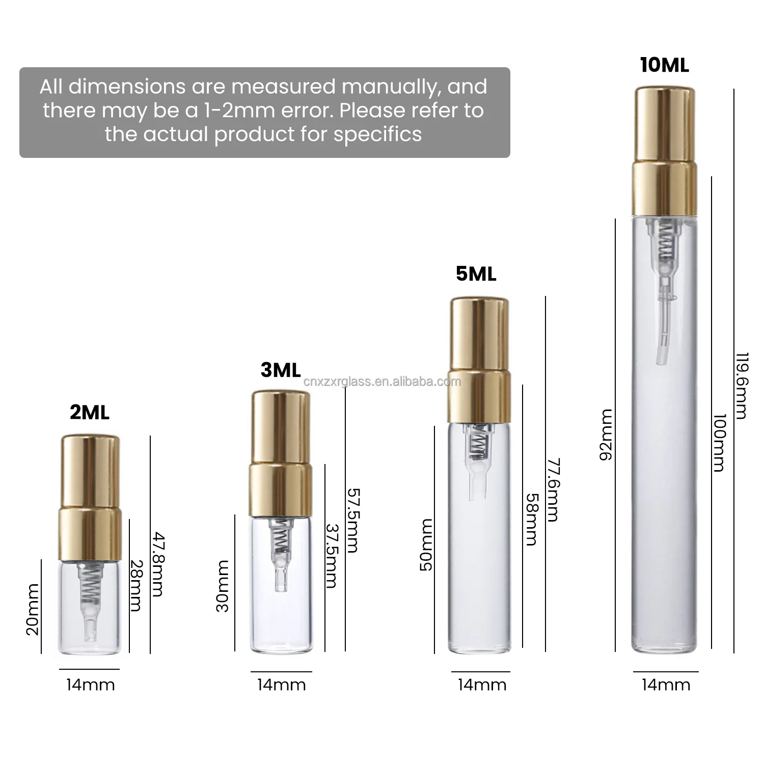 1 / 2 / 3 / 5 / 10 ml Clear sample spray vial with gold-look pump