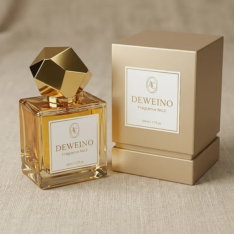 50 ml Square glass perfume spray bottle with faceted gold-tone cap