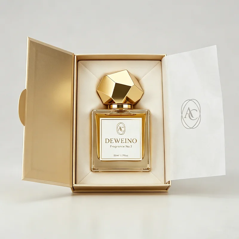 50 ml Square glass perfume spray bottle with faceted gold-tone cap
