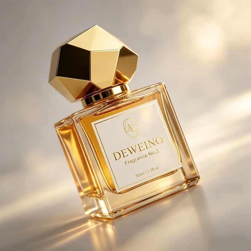 50 ml Square glass perfume spray bottle with faceted gold-tone cap