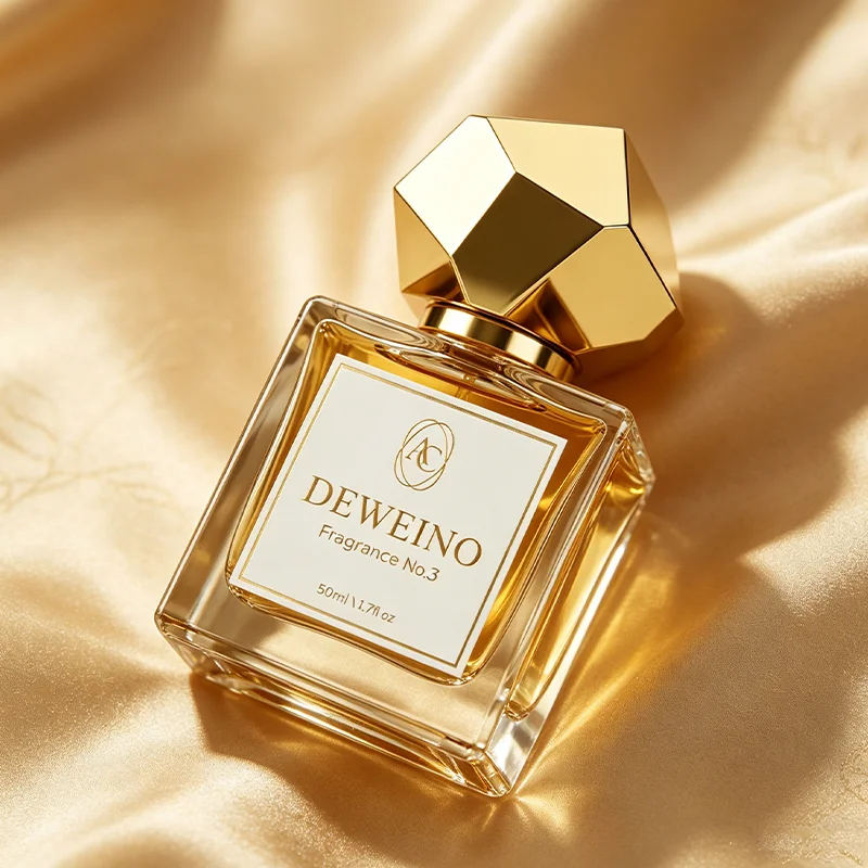 50 ml Square glass perfume spray bottle with faceted gold-tone cap